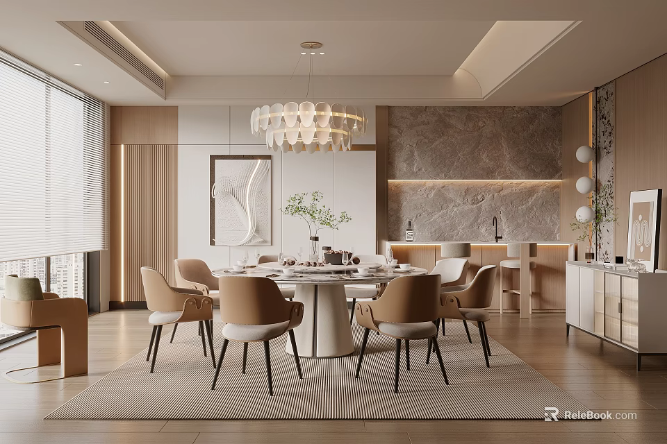 Luxury Modern Dining Box Interior With Round Table Chandelier Marble Wall And Plants 3d model 