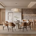 Luxury Modern Dining Box Interior With Round Table Chandelier Marble Wall And Plants