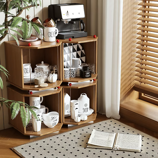 Wooden Corner Storage Shelf with Coffee Mugs Decorative Jars in Cozy Home with Natural Light 3d model 