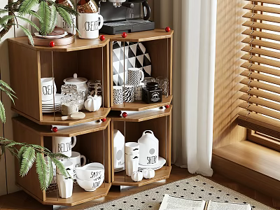Wooden Corner Storage Shelf with Coffee Mugs Decorative Jars in Cozy Home with Natural Light 3d model