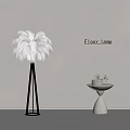 Modern Floor Lamp With White Feather Shade And Golden Stand By Side Table