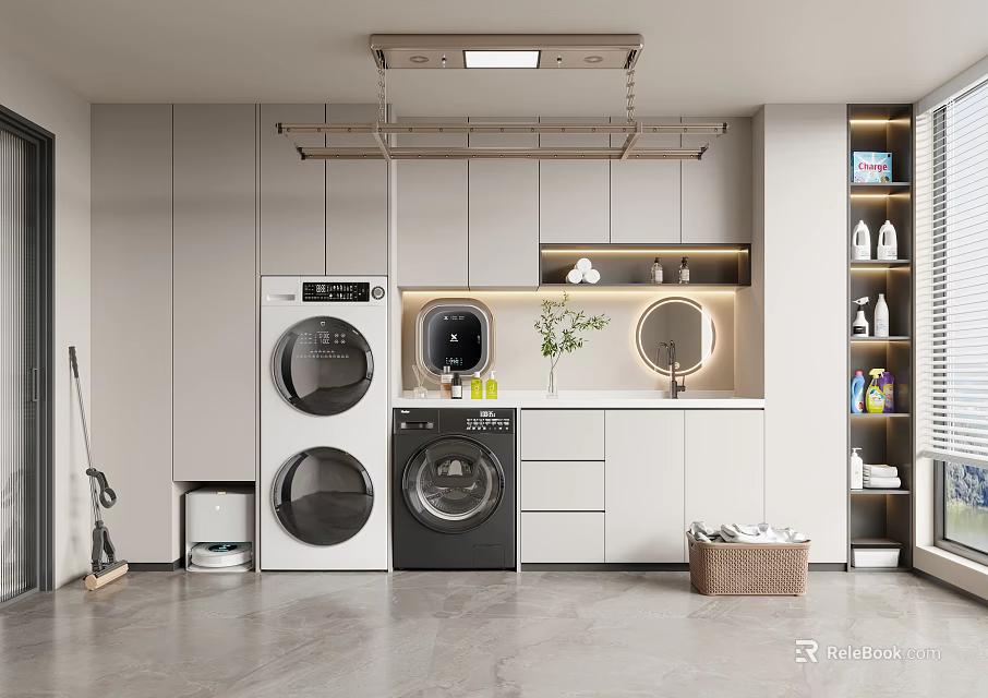 Modern Home Balcony Design With Washing Machine Dryer Wall Cabinets Clothes Rail And Storage 3d model 