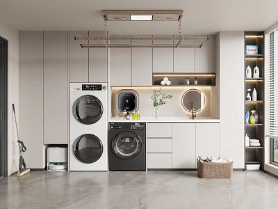 Modern Home Balcony Design With Washing Machine Dryer Wall Cabinets Clothes Rail And Storage 3d model