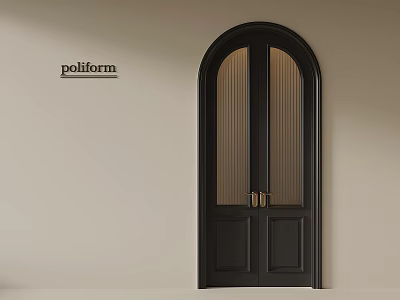 Black Arched Double Doors With Glass Panels And Golden Handles In Light Wall Interior 3d model