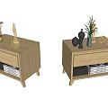Modern Wooden Nightstands With Decorative Plants Vases And Storage Baskets