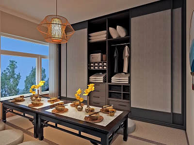 Japanese Style Private Room With Table Yellow Flowers Tableware Pendant Light Window And Cabinet 3d model