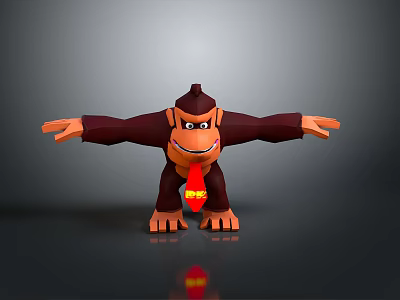 Playful Brown Cartoon Gorilla With Open Arms And Red Tie On Gray Background 3d model