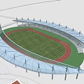 3D Model Of Modern Stadium With Surrounding Buildings And Glass Roof Design