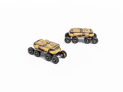 Yellow All Terrain Cars With Multiple Black Wheels And Small Sturdy Body 3d model