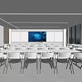 School Modern Classroom With Long Tables Chairs And Blue Tech Large Digital Screen 3d model