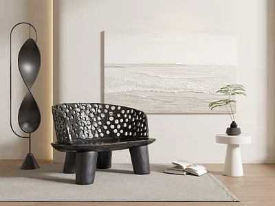 Black Perforated Single Seater Sofa With Abstract Sculpture And Minimalist Wall Art 3d model