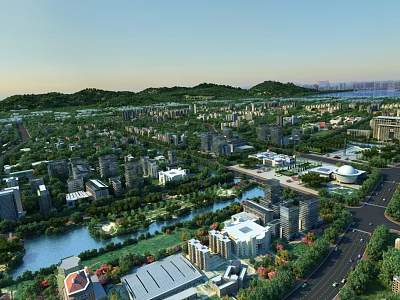 Aerial Planning of Hilly Cityscape With River Roads Green Spaces and Buildings 3d model