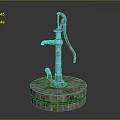Rustic Blue Manual Water Pump On Round Stone Base With Green Moss Growth 3d model