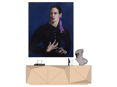 Portrait Painting of Woman in Black Blouse Purple Scarf on Blue Background and Geometric Cabinet 3d model