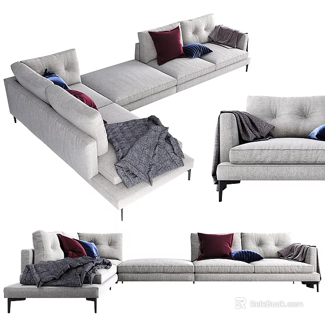 Modern Gray Sofa Display In Multiple Angles With Red Blue Pillows And Gray Blanket 3d model