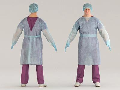 Man Wearing Blue Surgical Gown With Cap Purple Pants And White Shoes Front Back View 3d model