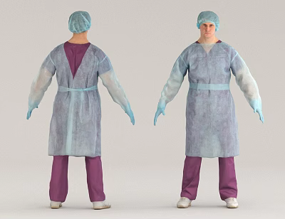 Man Wearing Blue Surgical Gown With Cap Purple Pants And White Shoes Front Back View 3d model