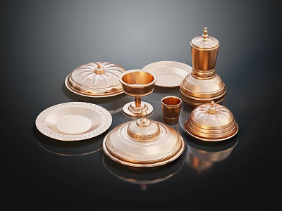 Elegant Copper Colored Dinnerware Set with Plates Cups and Lidded Containers Featuring Intricate Embossed Patterns 3d model