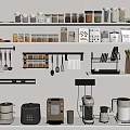 Organized Kitchen Tableware Set With Hanging Utensils Storage Jars And Appliances On Shelves