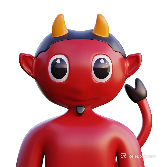 Cute Red Little Devil Cartoon Game Character With Yellow Horns Black Ears And Big Eyes 3d model 