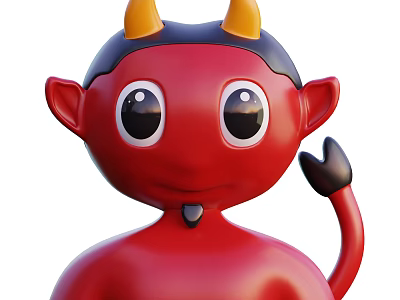 Cute Red Little Devil Cartoon Game Character With Yellow Horns Black Ears And Big Eyes 3d model