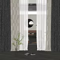 Gray Curtains And White Sheer Drapes In Modern Bedroom With Round Mirror Green Plant