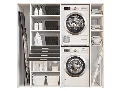 White Bathroom Cabinet Rack With Double Washing Machines Storage Baskets And Cleaning Supplies 3d model