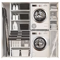 White Bathroom Cabinet Rack With Double Washing Machines Storage Baskets And Cleaning Supplies