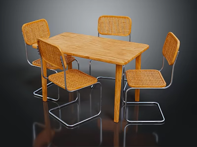 Modern Dining Table Set With Wooden Tabletop Four Woven Chairs And Metal Legs 3d model