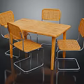 Modern Dining Table Set With Wooden Tabletop Four Woven Chairs And Metal Legs