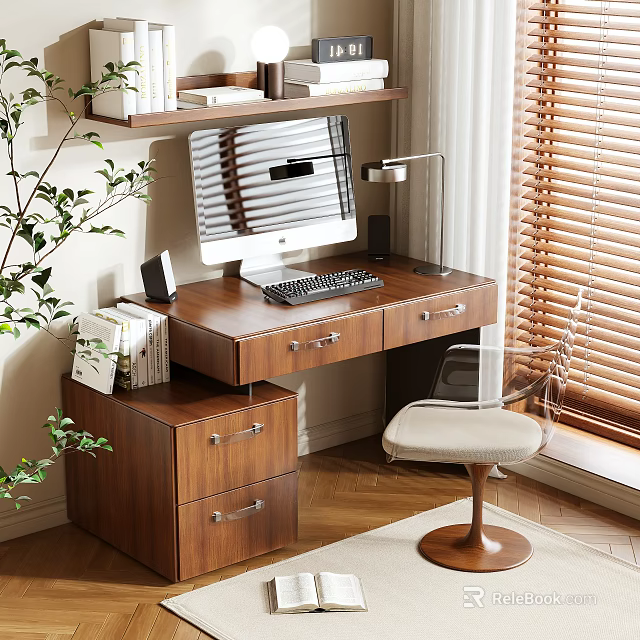 Wooden Desk With Computer Monitor Keyboard Bookshelf Green Plant Chair And Window Blinds 3d model 