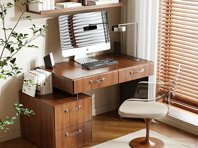 Wooden Desk With Computer Monitor Keyboard Bookshelf Green Plant Chair And Window Blinds 3d model