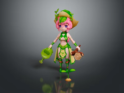 Cute Game Movie Character With Pink Hair Green Leafy Outfit Hat Watering Can Honey Jar 3d model