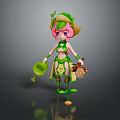 Cute Game Movie Character With Pink Hair Green Leafy Outfit Hat Watering Can Honey Jar