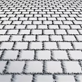 Outdoor Paved Ground With Gray Square Pavers And Green Grass Growing Between Gaps