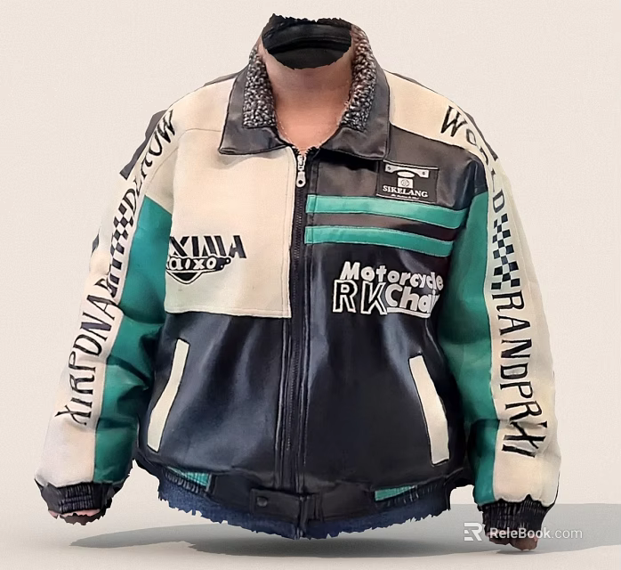 Stylish Motorcycle Racing Jacket With White Black Green Checkered Design And Brand Logos 3d model 