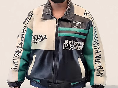 Stylish Motorcycle Racing Jacket With White Black Green Checkered Design And Brand Logos 3d model