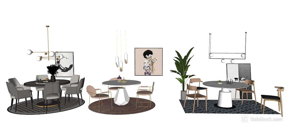 Modern Dining Table Set With Round Table Chairs Hanging Lights And Decorative Painting 3d model