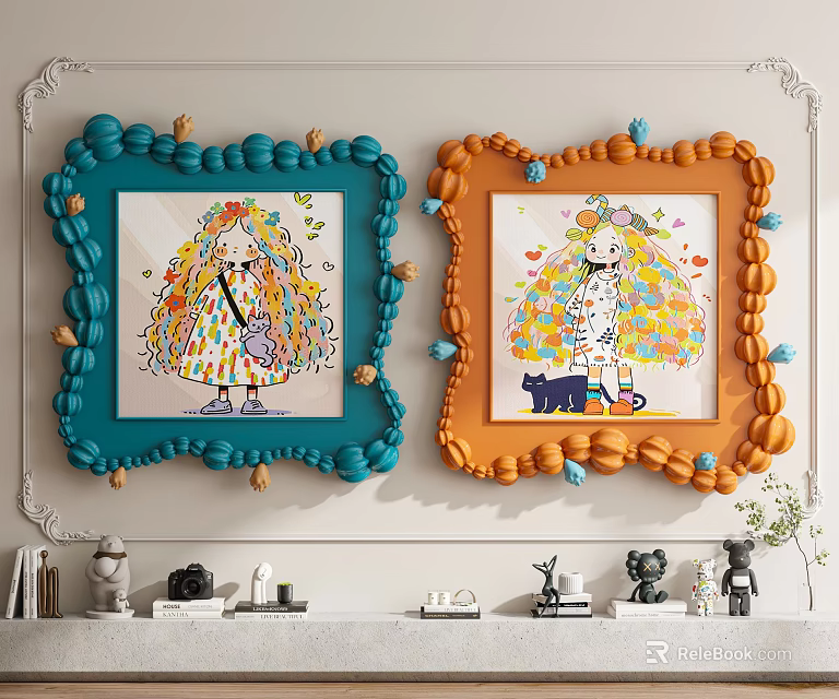Abstract Paintings With Blue And Orange Decorative Frames Featuring Colorful Haired Figures 3d model 