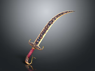 Decorative Scimitar with Intricate Gold Blue Patterns and Red Handle Design 3d model