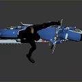 Blue Chrome Motorcycle With Shiny Finish And Black Clad Figure Standing