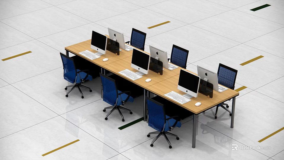 Long Wooden Office Desk With Multiple Computer Monitors And Blue Office Chairs In Workspace 3d model 