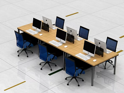 Long Wooden Office Desk With Multiple Computer Monitors And Blue Office Chairs In Workspace 3d model
