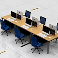 Long Wooden Office Desk With Multiple Computer Monitors And Blue Office Chairs In Workspace