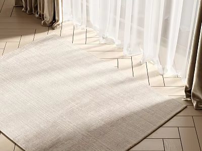 Neutral Square Rug on Geometric Wooden Floor with White Curtains and Sunlight Casting Light Shadows 3d model