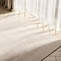 Neutral Square Rug on Geometric Wooden Floor with White Curtains and Sunlight Casting Light Shadows