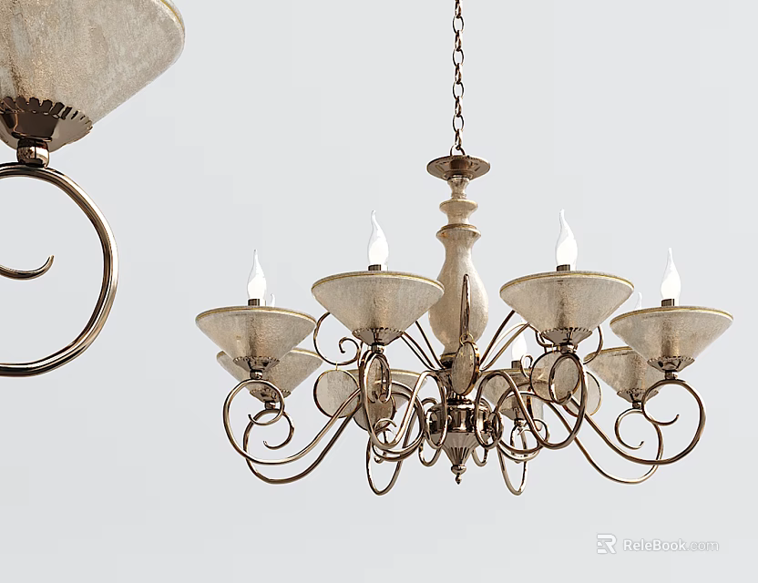 Classic Chandelier With Curved Metal Arms Cream Colored Glass Shades And Ornate Scrollwork Design 3d model 