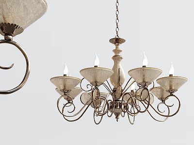Classic Chandelier With Curved Metal Arms Cream Colored Glass Shades And Ornate Scrollwork Design 3d model