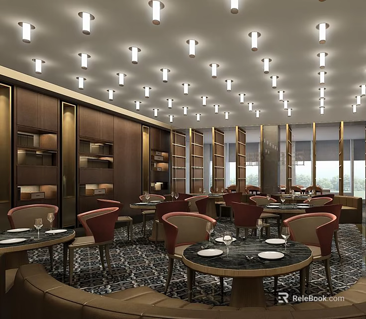 Hotel Public Lounge Area With Brown Walls Shelves Pendant Lights Round Tables Red Beige Chairs 3d model 