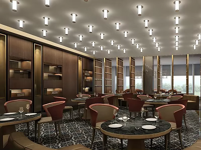 Hotel Public Lounge Area With Brown Walls Shelves Pendant Lights Round Tables Red Beige Chairs 3d model